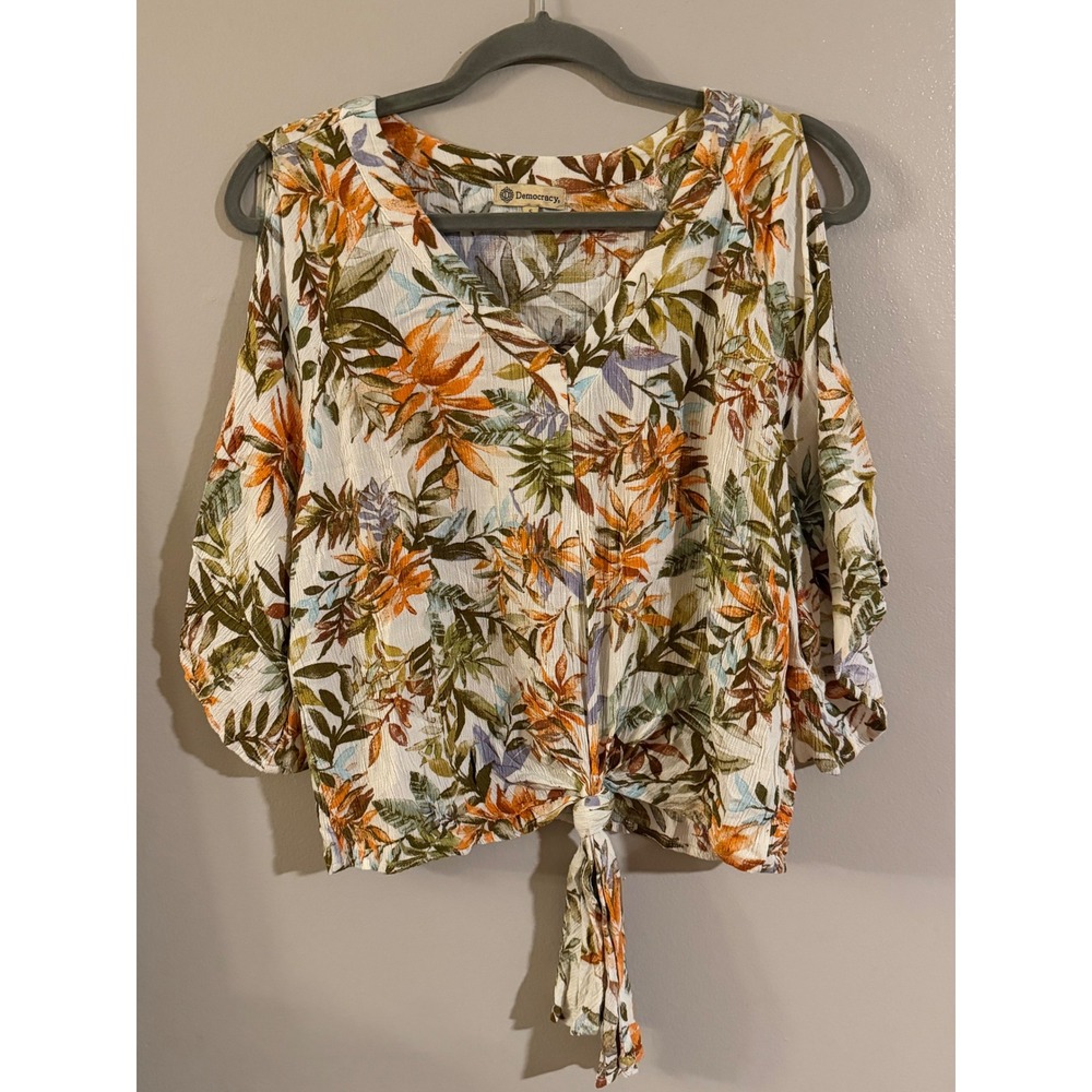 Democracy Womens Tropical Floral Cold Shoulder Tie Front Top Orange Green Small